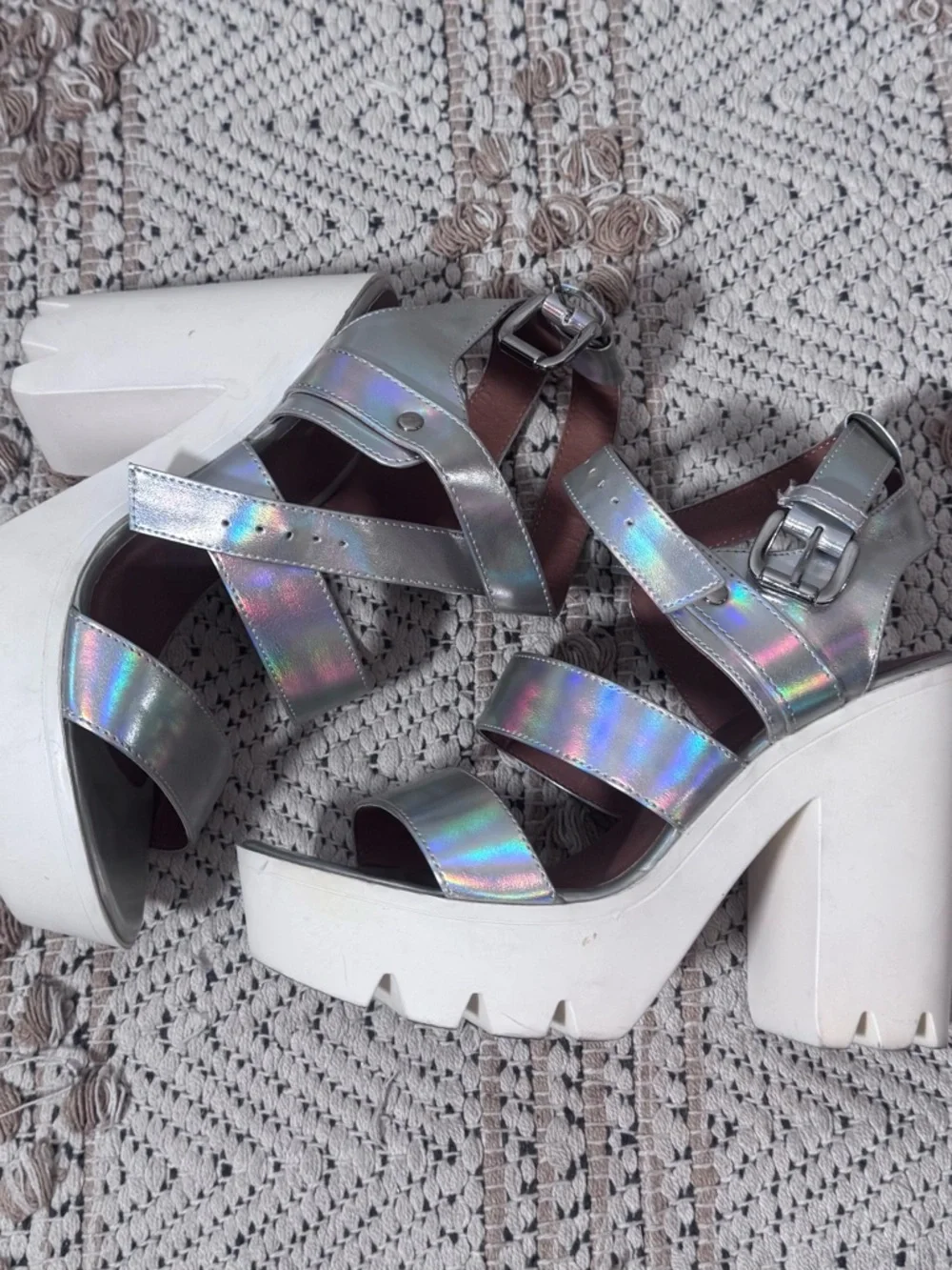 Qupid Holographic Silver White Chunky Platform Sandals Heels